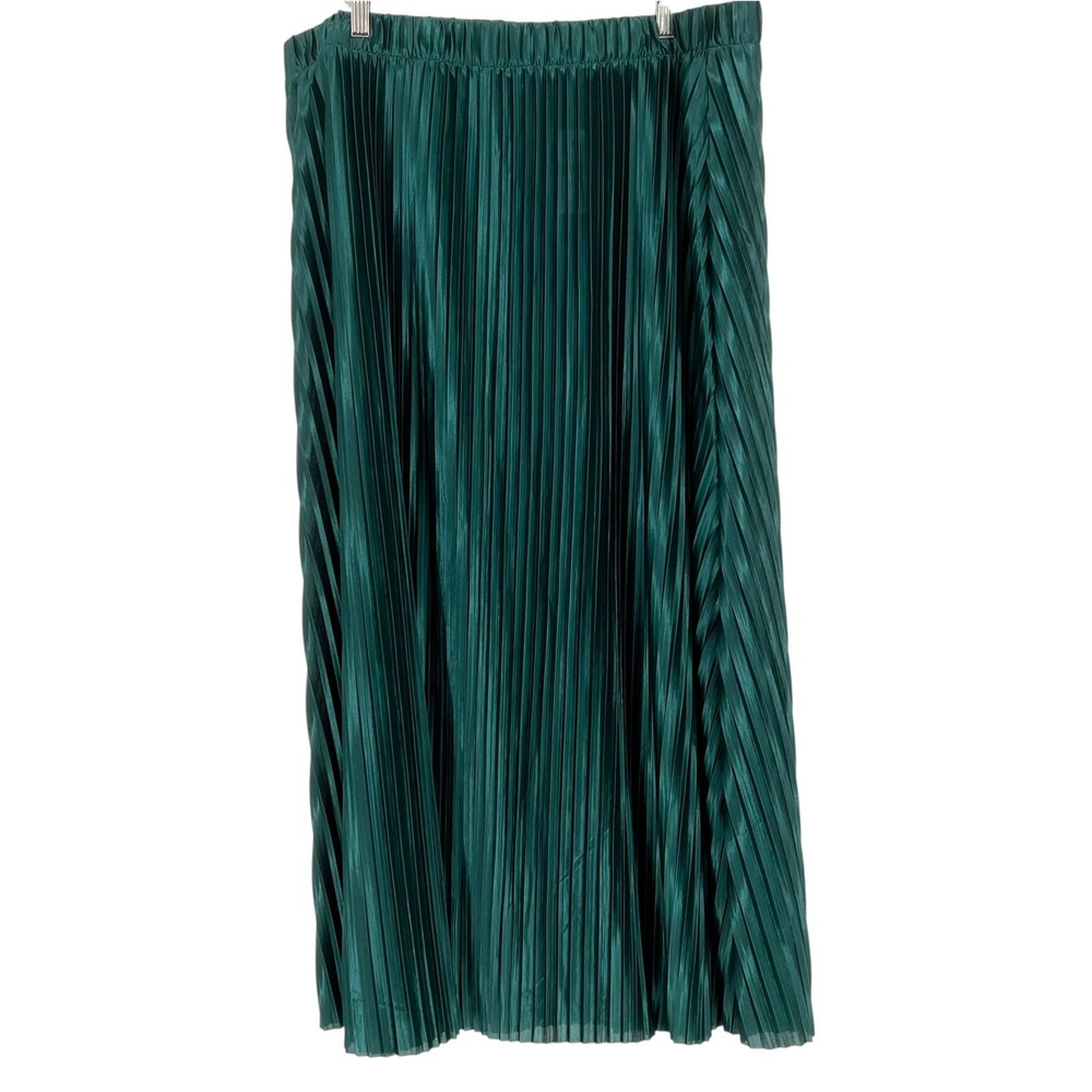 Lane Bryant Emerald Green Pleated Midi Skirt Womens 18/20 Satin Accordion Chic